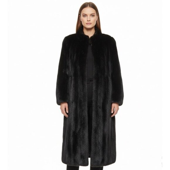 Black Womens Mink Fur Coat Luxury Long Full-Length Button-Up Soft Textured Sz M